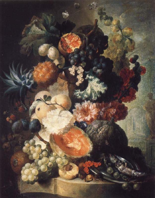 Jan van Os Fruit,Flwers and a Fish